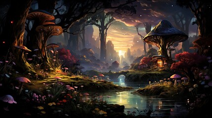 Fototapeta premium Mystical forest scene with illuminated mushrooms, magical castle, glowing lights, and serene pond reflections.