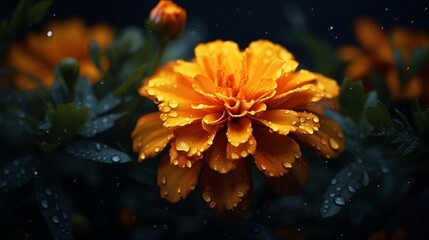 Envision a luminous Midnight Marigold flower, petals aglow under the moonlight. Create a