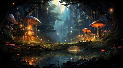 Mystical forest scene with illuminated mushrooms, magical castle, glowing lights, and serene pond reflections.