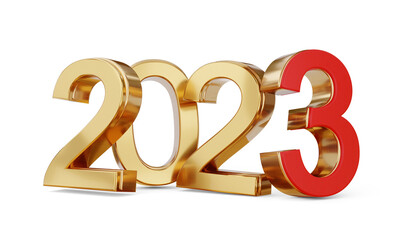 2023 golden gold and red as warning or risk and crisis and bad year and catastrophic and economy crisis, good and bad times, review and rewind or change and new year, symbol 3d-illustration - obrazy, fototapety, plakaty