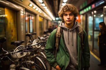 A young boy waits for the arrival of the subway next to his bicycle.