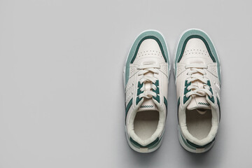 Stylish sneakers on grey background