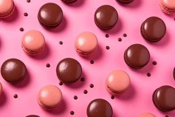 Foto op Plexiglas Pattern of chocolate macarons on a pink background. Generative AI © May