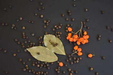 Peppercorns, bay leaves and dried rowan berries on a dark background. Seasonings are scattered...