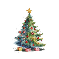 Christmas green tree with decor and gift boxes for decoration greeting card watercolor paint on white background