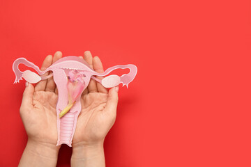 Woman with paper uterus on red background. Menopause concept