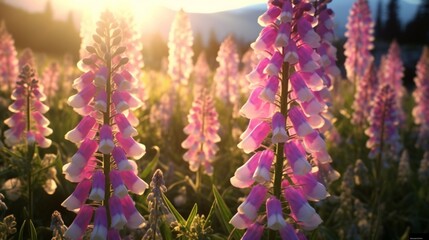 Iridescent Foxgloves in a lush, vibrant meadow at sunrise.