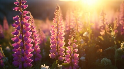 Iridescent Foxgloves in a lush, vibrant meadow at sunrise.