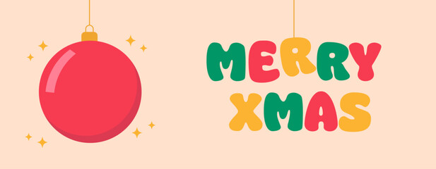 Merry Xmas greeting background. Bright and colorful holiday composition for greeting card, poster, banner, cover, header. Hanging ornament and letter. Vector illustration.