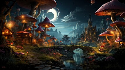 Mystical forest scene with illuminated mushrooms, magical castle, glowing lights, and serene pond reflections.