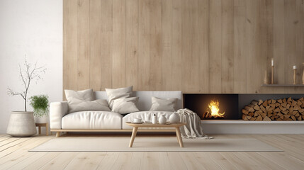 Scandinavian style Living room boho. Mock up wall in interior wooden furniture. generative ai