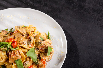 Lemon Pasta with Smoked Charcoal Chicken - Mushrooms, Cherry Tomato, Garlic Butter, Parmesan and Basil