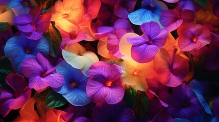 Iridescent impatiens in a lush garden, each petal reflecting a vivid spectrum of colors.