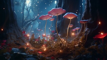 Naklejka premium Moonbeam Begonia in a mystical forest, surrounded by glowing mushrooms and fireflies.
