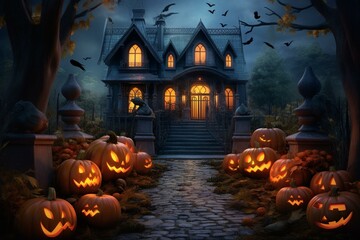 Spooky Halloween house with carved pumpkins. Realistic depiction of a chilling Halloween gathering. Generative AI
