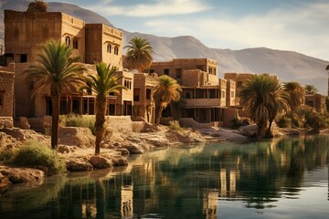 Ancient city of Jericho with beautiful houses and a lake. Generative AI
