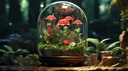 Moonbeam Begonia in a terrarium, with tiny fairytale creatures exploring its leaves.