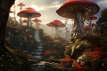 Enchanting scenery featuring enormous fungi, accompanied by a captivating backdrop. Generative AI