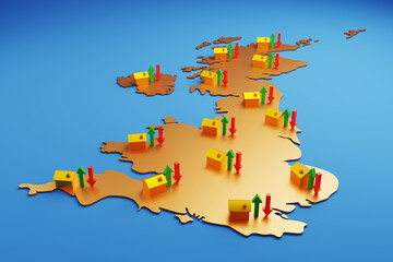 Golden houses, green up arrows and red down arrows on a copper plate cut in the shape of the United Kingdom on blue background. Illustration of the British property price trends