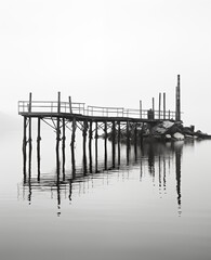 El Legado del Tiempo: Fotografía en Blanco y Negro de un Muelle de Madera de Pesca Abandonado, que Resiste sobre Aguas Calmas en el Horizonte, Perfecta para Pósters y Panorámicos Inspiradores