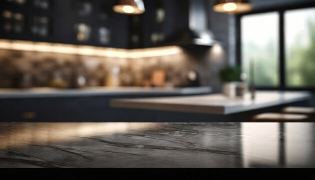 Modern, minimalist dark marble table/kitchen island, symbolizing sophistication and elegance. Empty surface, ideal for design and culinary concepts. Copy space