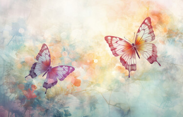 Floral watercolor painted background with butterflies
