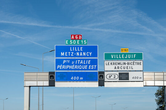 Highway road signs Paris, driving in heavy traffic on ring road of capital of France, traffic jam problems in Paris