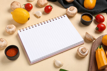 Composition with blank recipe book, spices and vegetables on color background