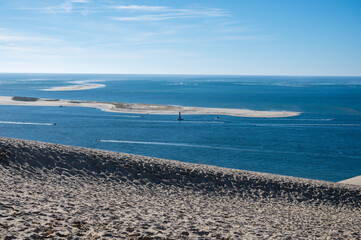 View from Dune of Pilat tallest sand dune in Europe located in La Teste-de-Buch in Arcachon Bay area, France southwest of Bordeaux along France's Atlantic coastline
