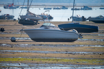 Obraz premium View on Arcachon Bay at low tide with many fisherman's boats and oysters farms, Cap Ferret peninsula, France, southwest of Bordeaux along France's Atlantic coastline
