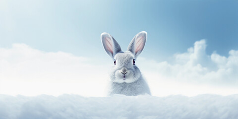 White rabbit on blue sky cloud background in snow. Copy space around gray cute bunny. - Powered by Adobe