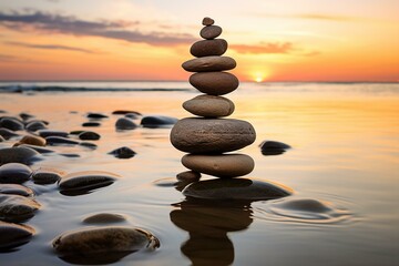 Stones balanced on ocean. Generative AI - obrazy, fototapety, plakaty