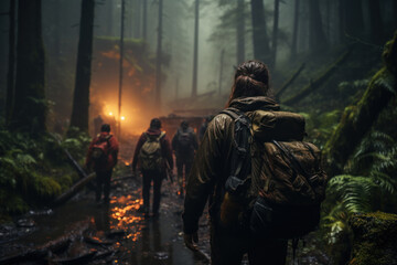 A group of hikers lost in a dense forest, showcasing the dangers of getting disoriented in the wilderness. Concept of wilderness survival. Generative Ai.
