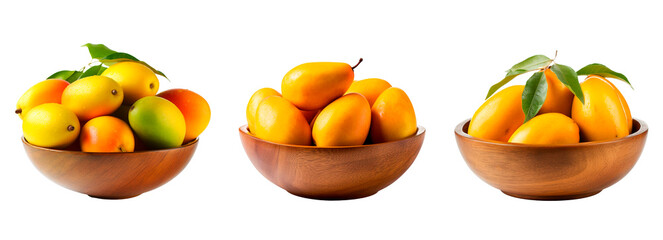 Collage set of wooden bowls with mangoes over white transparent background