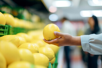 Close up shot of hand picking lemon in supermarket shelve. Unrecognizable person
