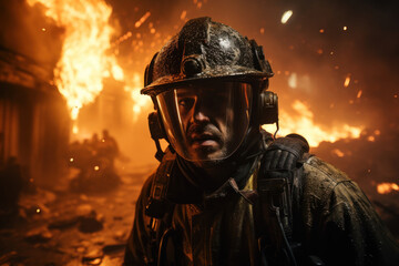 Naklejka premium A firefighter rushing into a burning building to save lives and property. Concept of emergency response. Generative Ai.