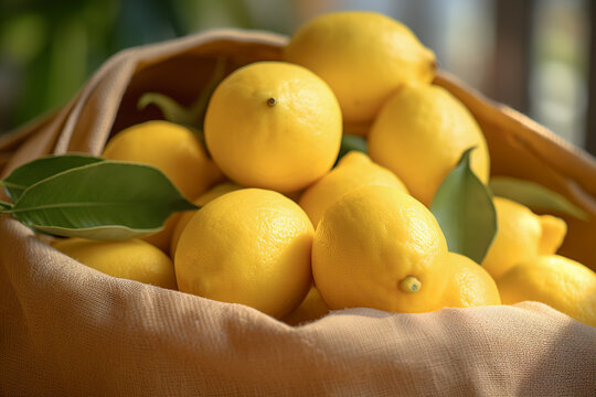 Close up shot of organic lemons in harvesting bags
