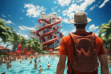 A lifeguard overseeing a crowded water park, ensuring the thrill of water attractions. Concept of water park safety. Generative Ai.