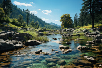 A clean and pristine river flowing through a natural landscape, depicting the positive impact of water pollution prevention and conservation efforts. Generative Ai.