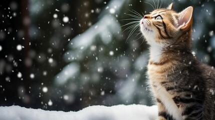 A kitten pawing at falling snowflakes in awe
