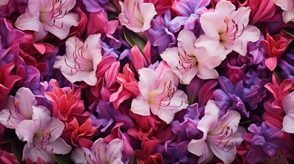 Radiant Rhododendron blooms in a variety of colors, creating a spectacular natural mosaic of reds,...