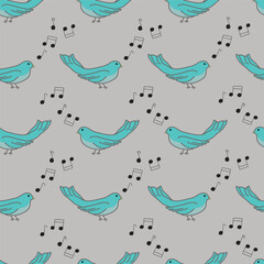 Fototapeta premium A Gray Background Featuring Bluebirds Singing Musical Notes in Horizontal Stripes Creating a Vector Repeat Seamless Pattern Design