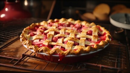 Ruby Rhubarb pie fresh out of the oven, with a golden, flaky crust.