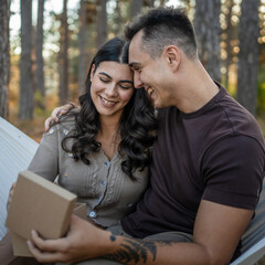 Young couple man and woman give present gift box while sit in nature