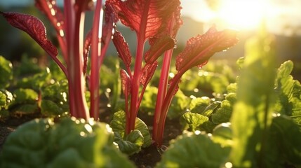 Ruby Rhubarb plant bathed in soft, warm sunlight.