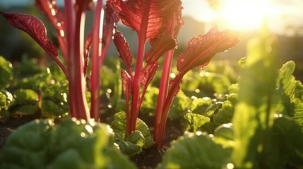 Foto op Aluminium Ruby Rhubarb plant bathed in soft, warm sunlight. © Anmol