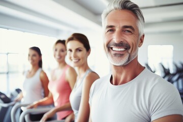 middle age people group happy expression in a gym. fitness teacher concept. ai generated