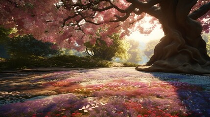 Serenity Blossom petals forming a colorful carpet beneath a vibrant, old oak tree in a peaceful...