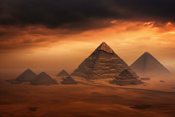 Orange storm clouds and fog overlook the Egyptian pyramids. Generative AI