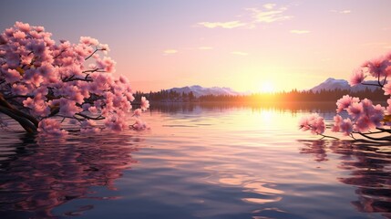 Serenity Blossoms reflecting on the surface of a calm, pristine lake at sunset.